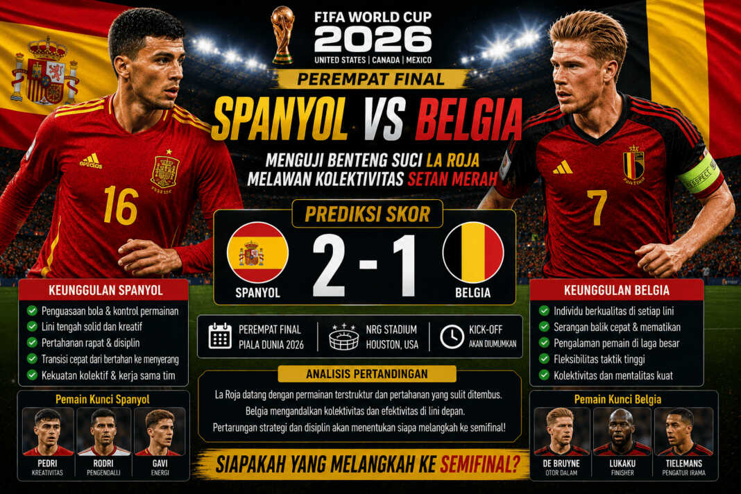 Pemain Spanyol dan Belgia bersaing memperebutkan bola pada ilustrasi pertandingan perempat final Piala Dunia 2026.