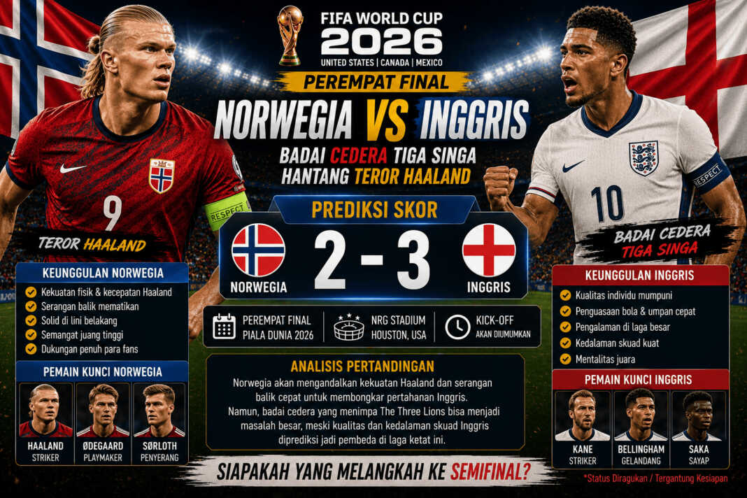 Pratinjau babak 8 besar Piala Dunia 2026 antara Norwegia vs Inggris di Miami. Mampukah lini belakang darurat Thomas Tuchel meredam keganasan Erling Haaland?