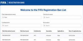Tangkapan layar FIFA Registration Ban List yang menampilkan PSM Makassar dengan dua entry sanksi aktif per 22 Juli 2026.