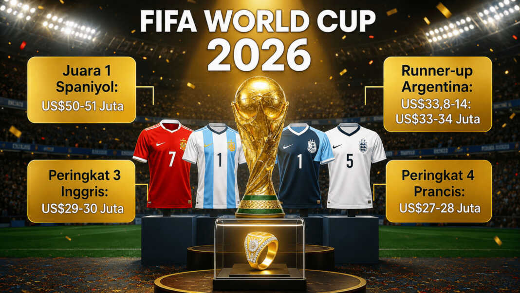 FIFA salurkan total US$871 juta untuk Piala Dunia 2026. Spanyol juara 1 terima US$51 juta + cincin juara, Argentina runner-up US$34 juta, Inggris peringkat 3 US$30 juta, dan Prancis peringkat 4 US$28 juta.