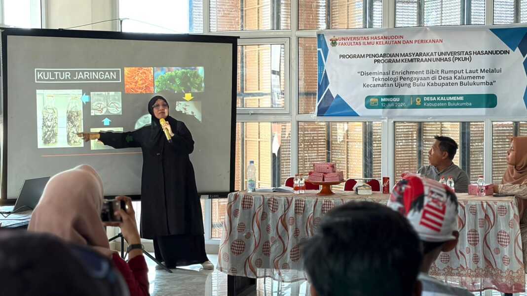 Dosen FIKP Unhas, Dr Badraeni, memperkenalkan metode pengayaan bibit rumput laut kepada pembudidaya di Bulukumba