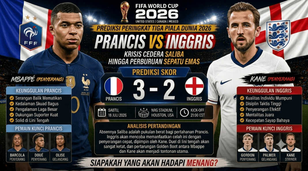 Prediksi sengit perebutan tempat ketiga Piala Dunia 2026 antara Prancis vs Inggris. Diwarnai badai cedera William Saliba dan persaingan ketat Golden Boot.