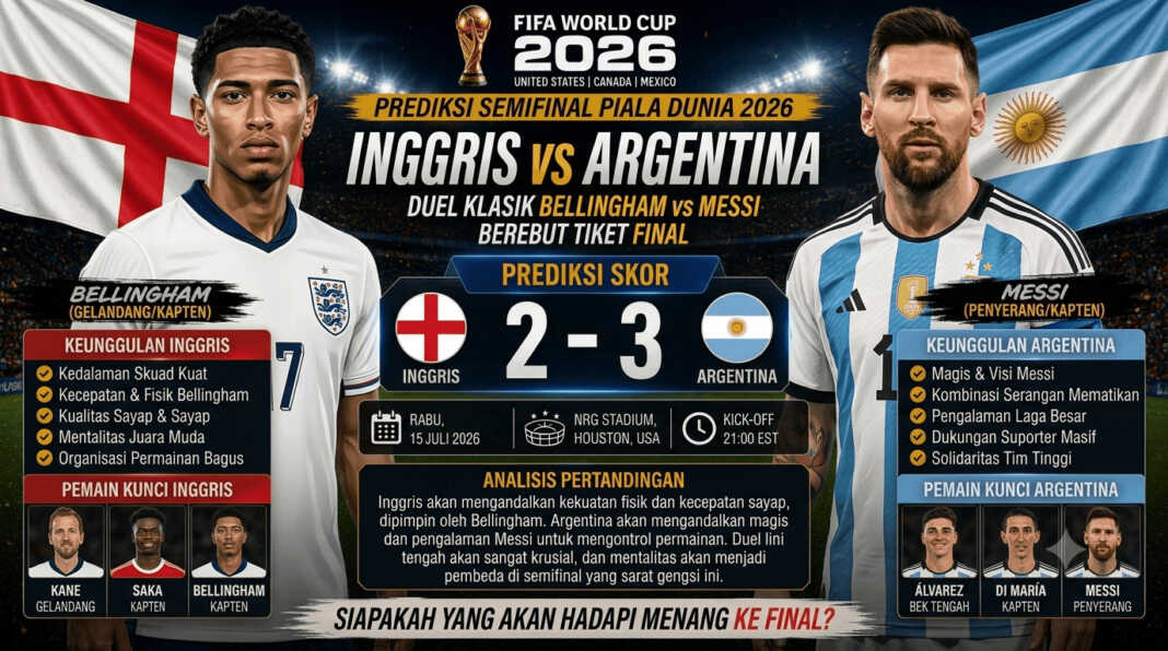 Prediksi babak semifinal Piala Dunia 2026 antara Inggris vs Argentina di Mercedes-Benz Stadium.
