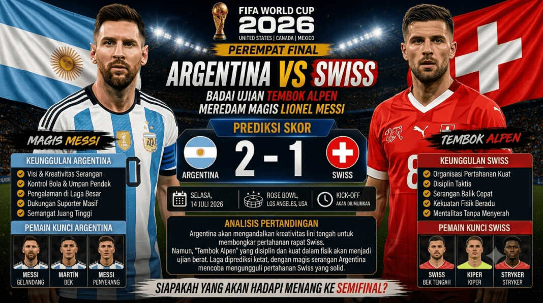 Pratinjau babak 8 besar Piala Dunia 2026 antara Argentina vs Swiss di Kansas City. Simak rekor head-to-head, berita cedera, dan perkiraan susunan pemain kedua tim.