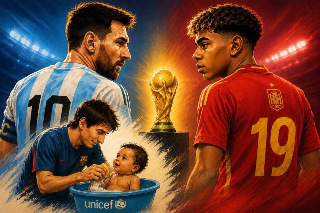 Messi dan Yamal, dua generasi Barcelona, bertarung memperebutkan kejayaan abadi pada final Piala Dunia 2026. (Ilustrasi:ChatGPT).