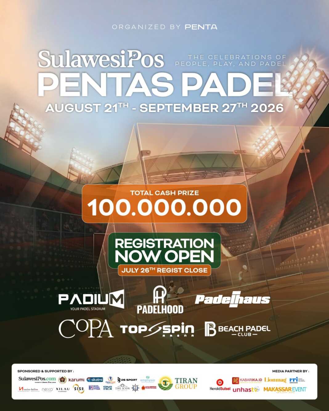 Pendaftaran Pentas Padel SulawesiPos 2026 resmi dibuka hingga 26 Juli 2026