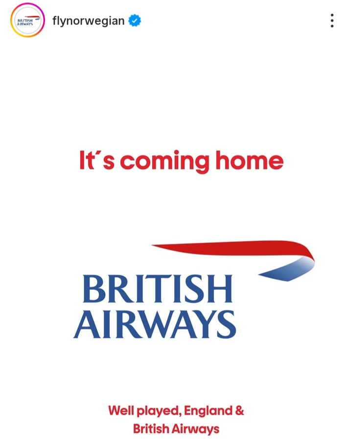 Norwegian menepati taruhan media sosial dengan British Airways usai Norwegia kalah 2-1 dari Inggris di perempat final Piala Dunia 2026. Logo Instagram maskapai diganti selama sehari.