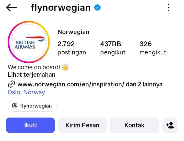 Norwegian menepati taruhan media sosial dengan British Airways usai Norwegia kalah 2-1 dari Inggris di perempat final Piala Dunia 2026. Logo Instagram maskapai diganti selama sehari.