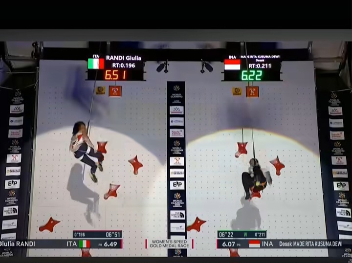 Desak Made Rita Kusuma Dewi merebut emas speed putri World Climbing Series Chamonix 2026 setelah mengalahkan Giulia Randi 6,22 detik berbanding 6,51 detik.