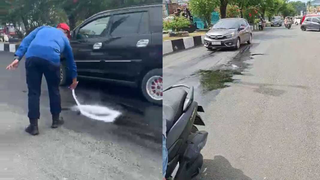 Aktivitas lalu lintas di Jalan Agus Salim, Kabupaten Bone, terganggu setelah tumpahan solar menghampar di badan jalan, Kamis (16/7/2026).