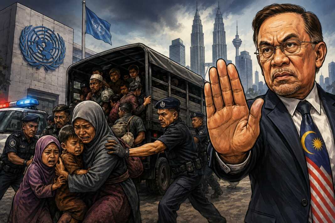 Ratusan pengungsi Rohingya ditahan di Kuala Lumpur, memperlihatkan benturan antara penegakan hukum, krisis kemanusiaan, dan harapan memperoleh perlindungan internasional. (Ilustrasi: ChatGPT)