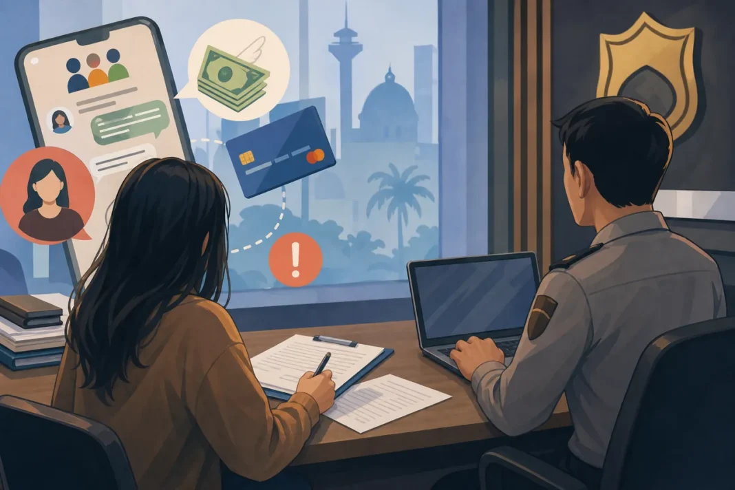 Ilustrasi nonrealis warga melapor dugaan penipuan arisan online di kantor polisi, tanpa menampilkan wajah jelas.