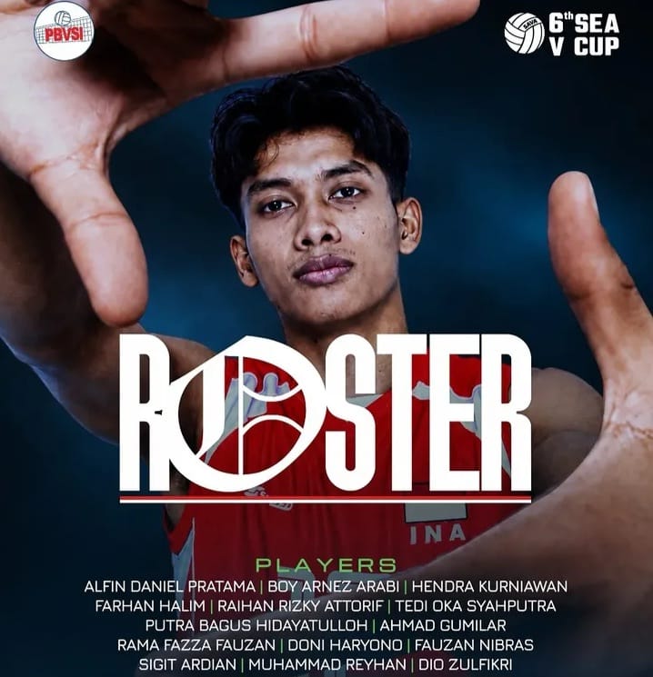 Grafis roster Timnas Voli Putra Indonesia untuk SEA V League 2026 yang menampilkan daftar pemain dan logo PBVSI.