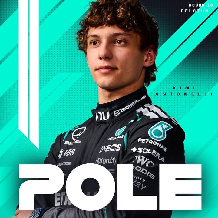 Kimi Antonelli dalam poster resmi Formula 1 setelah merebut pole position GP Belgia 2026 di Spa-Francorchamps.