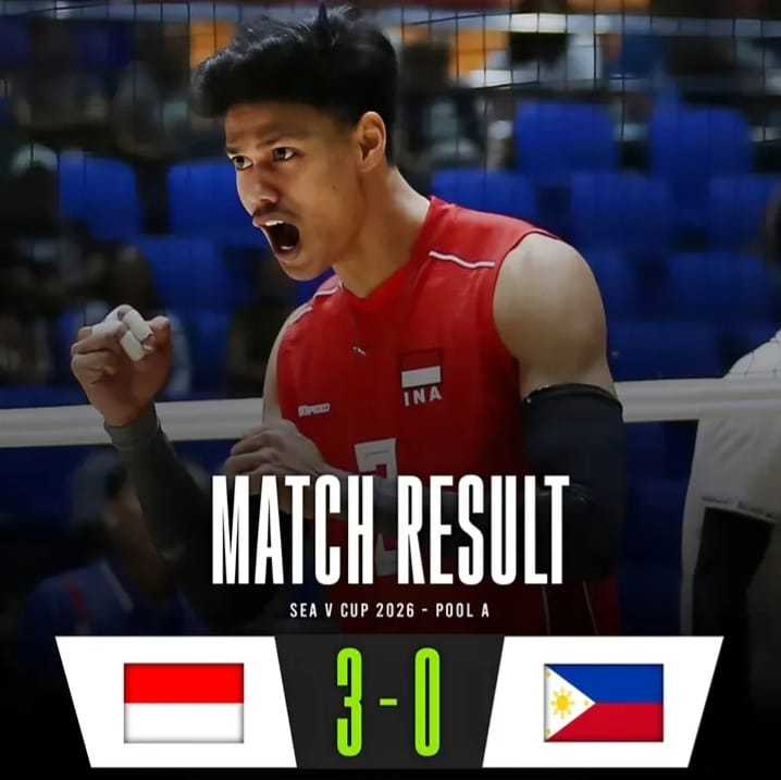 Pemain timnas voli putra Indonesia merayakan kemenangan 3-0 atas Filipina pada Pool A SEA V Cup 2026.