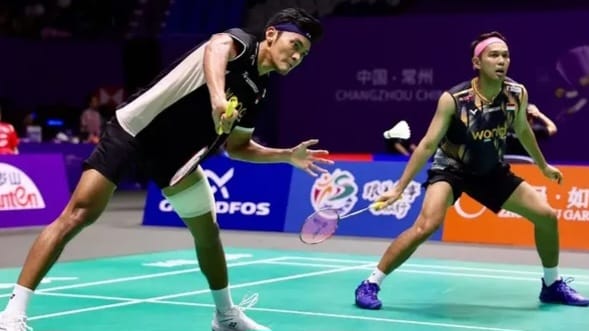Fajar Alfian dan Muhammad Shohibul Fikri saat bertanding pada perempat final China Open 2026 di Changzhou.