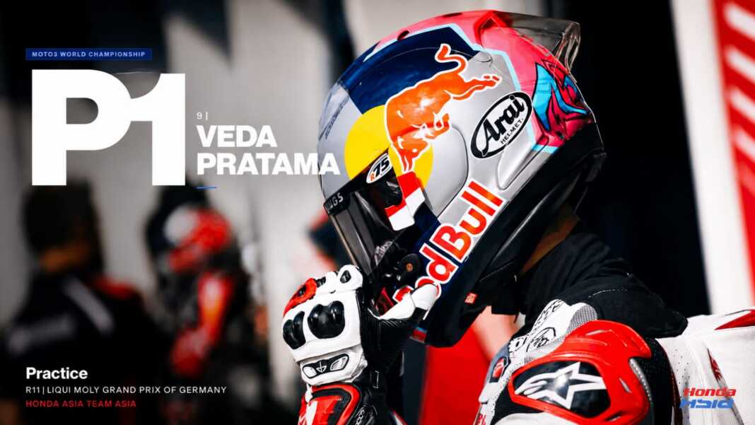Veda Pratama usai menjadi yang tercepat pada sesi Practice Moto3 Jerman 2026 di Sachsenring