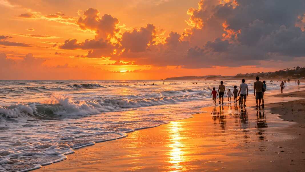 Ilustrasi suasana keluarga di pantai Bali saat senja, konteks kewaspadaan anak saat bermain di tepi laut.