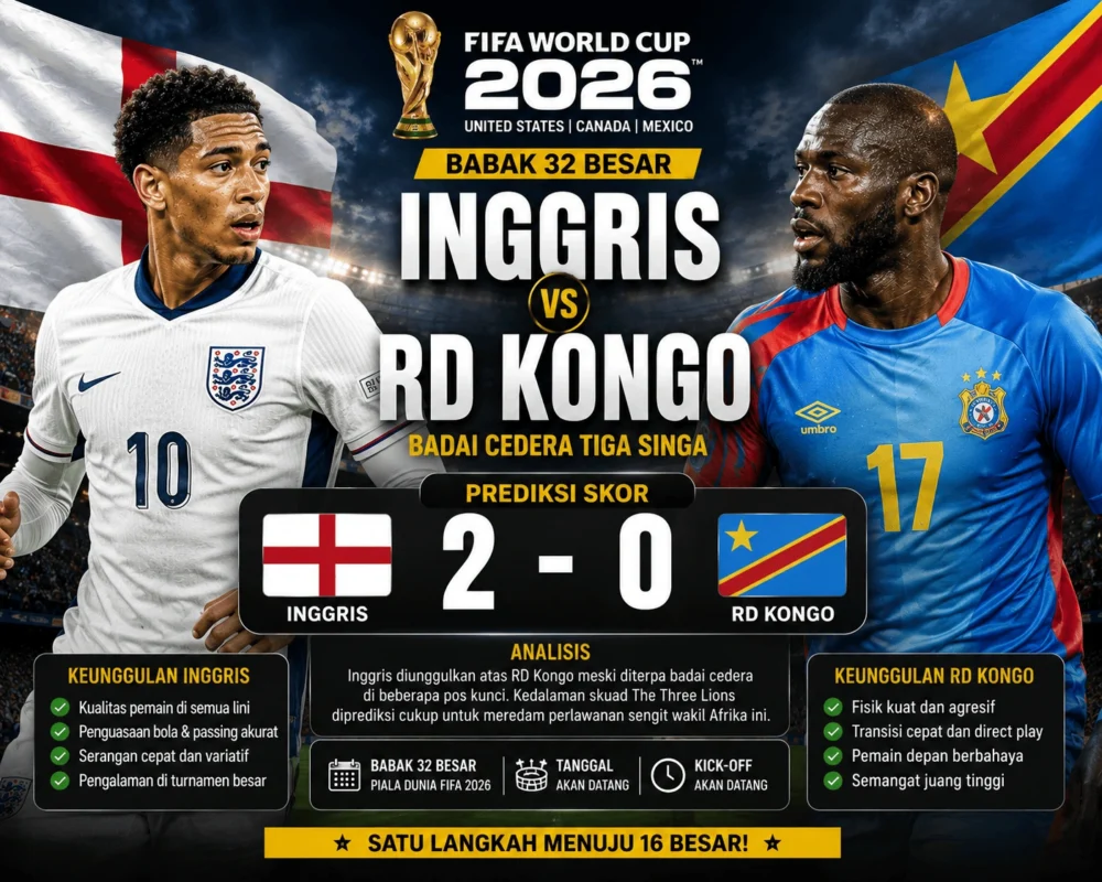 Prediksi Skor Inggris vs RD Kongo 2 Juli 2026: Three Lions Diunggulkan ke 16 Besar