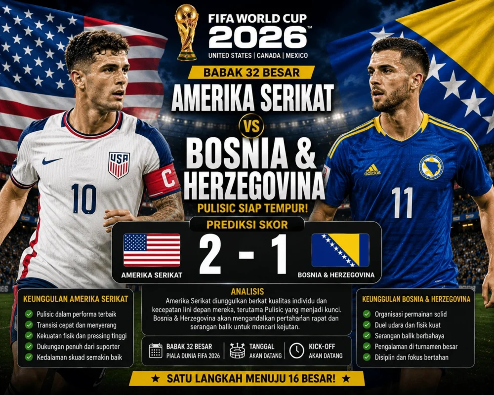 Prediksi Skor Amerika Serikat vs Bosnia 2 Juli 2026: Tuan Rumah Bidik 16 Besar