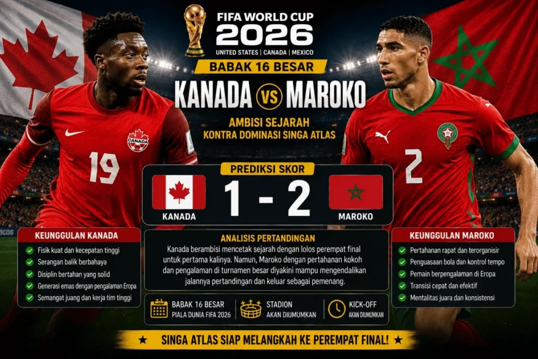 Prediksi skor Kanada vs Maroko pada babak 16 besar Piala Dunia 2026.