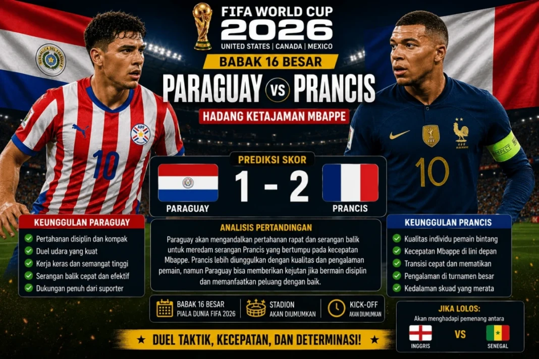 Prediksi skor Paraguay vs Prancis pada babak 16 besar Piala Dunia 2026.