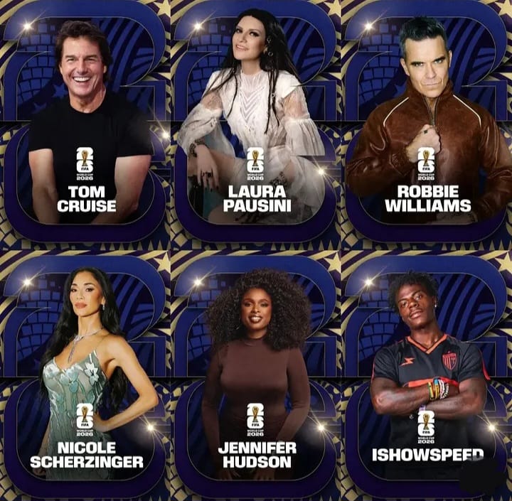 Kolase Tom Cruise, Laura Pausini, Robbie Williams, Nicole Scherzinger, Jennifer Hudson, dan IShowSpeed untuk lineup penutupan final Piala Dunia 2026.