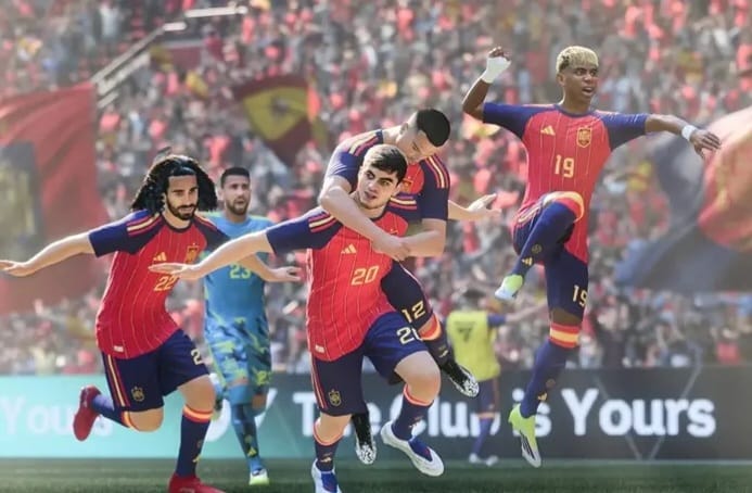 Visual simulasi EA Sports FC yang menampilkan selebrasi pemain Spanyol dalam prediksi juara Piala Dunia 2026.