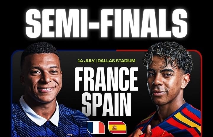 Poster semifinal Prancis vs Spanyol menampilkan Kylian Mbappe dan Lamine Yamal jelang semifinal Piala Dunia 2026.