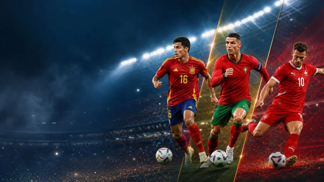 Ilustrasi jadwal Piala Dunia 2026 malam ini dengan Spanyol, Portugal, dan Swiss