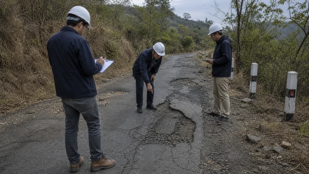 Ilustrasi pemeriksaan jalan rusak pada proyek peningkatan jalan di Jeneponto