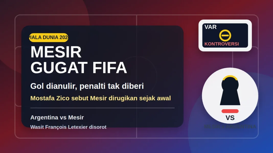 Featured image Mostafa Zico dan kontroversi wasit laga Argentina vs Mesir di Piala Dunia 2026.