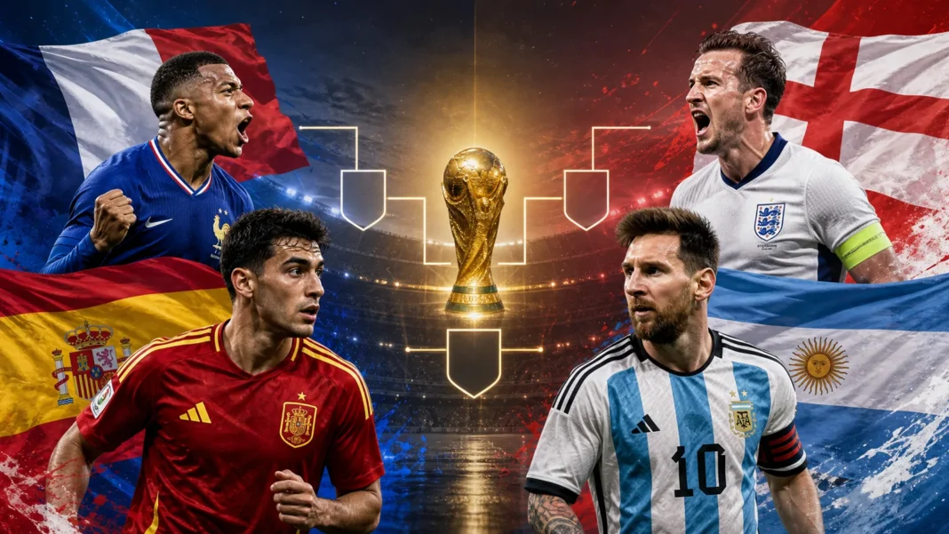 Ilustrasi semifinal Piala Dunia 2026 menampilkan Prancis, Spanyol, Inggris, dan Argentina dalam bagan empat besar.