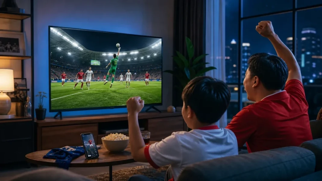 Ilustrasi nonton Piala Dunia 2026 di TVRI melalui televisi dan streaming di HP