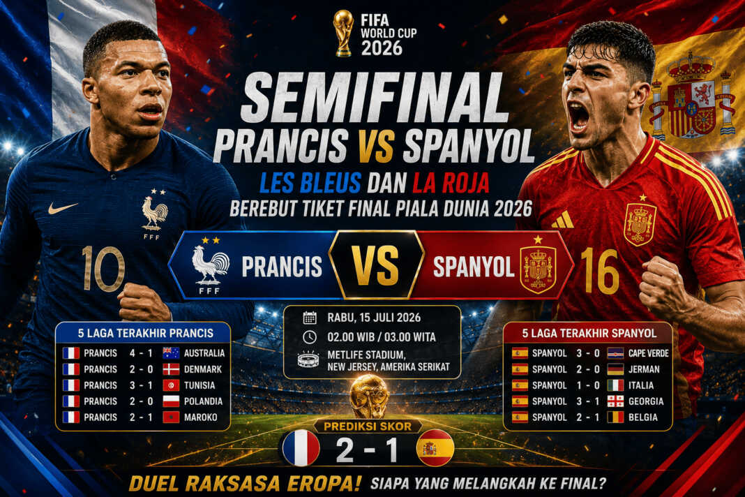Prancis menghadapi Spanyol pada semifinal Piala Dunia 2026, Rabu, 15 Juli 2026. Berikut kondisi tim, rekor head to head, prediksi susunan pemain, dan prediksi skor laga perebutan tiket final.