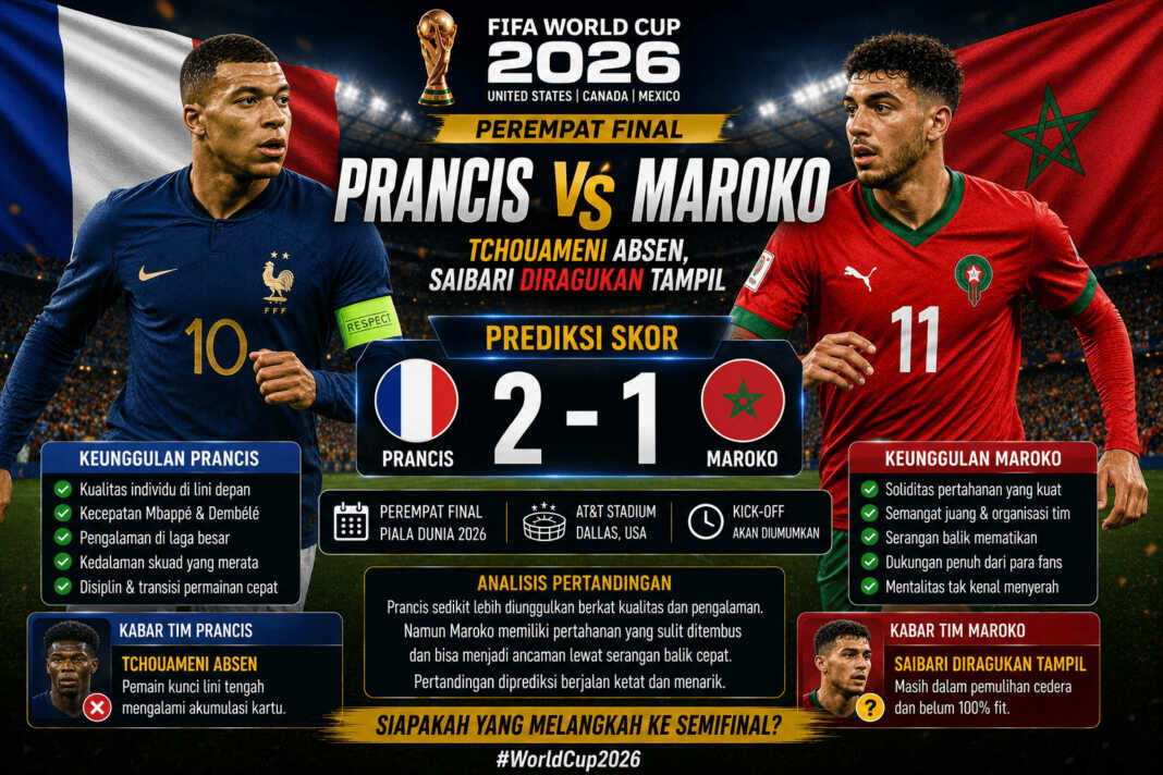 Prediksi skor Prancis vs Maroko di perempat final Piala Dunia 2026. Prancis tanpa Aurelien Tchouameni, sementara Ismael Saibari masih diragukan tampil bersama Maroko akibat cedera.