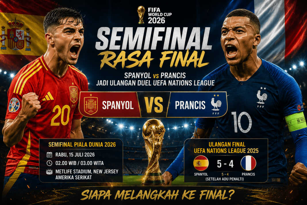 Spanyol menghadapi Prancis pada semifinal Piala Dunia 2026 setelah menyingkirkan Belgia 2-1. Duel ini menjadi ulangan final UEFA Nations League sekaligus perebutan tiket ke final.