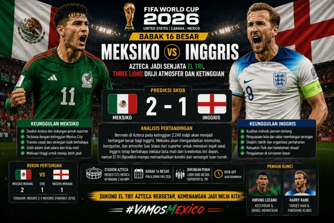 Meksiko vs Inggris: Prediksi Skor, Head to Head, Starting XI, dan Kondisi Tim Piala Dunia 2026