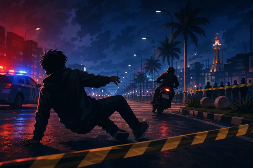 Ilustrasi nonrealis suasana penanganan kasus geng motor di kawasan Metro Tanjung Bunga, Makassar, tanpa menampilkan wajah.