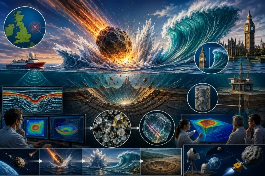 Ilustrasi tumbukan asteroid purba membentuk Kawah Silverpit sekaligus memicu tsunami raksasa di Laut Utara jutaan tahun. Ilustrasi ChatGPT