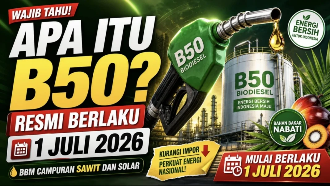 Apa itu B50? B50 adalah bahan bakar diesel campuran 50 persen biodiesel berbasis sawit dan 50 persen solar yang resmi berlaku mulai 1 Juli 2026 di Indonesia.