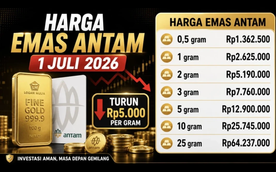 Harga logam mulia turun per 1 Juli 2026.