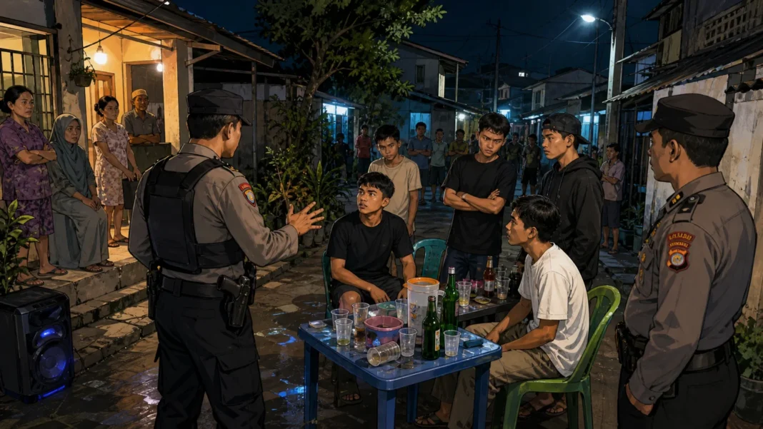 Ilustrasi editorial polisi membubarkan pesta ballo di permukiman Rappocini, Makassar.