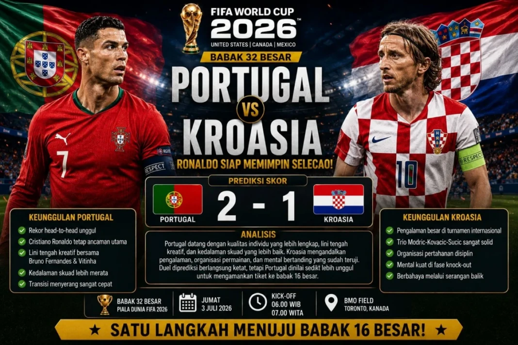 Prediksi skor Portugal vs Kroasia pada babak 32 besar Piala Dunia 2026