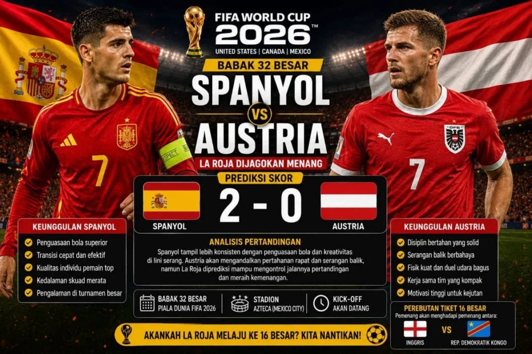 Prediksi skor Spanyol vs Austria pada babak 32 besar Piala Dunia 2026