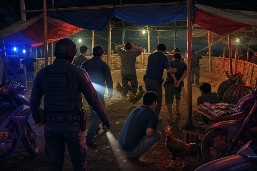 Ilustrasi nonrealis penggerebekan arena judi sabung ayam di Maros dengan polisi dan suasana malam tanpa menampilkan wajah jelas.