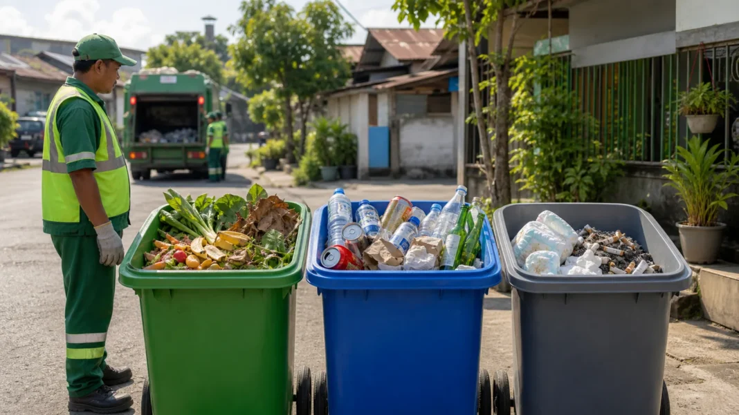 Ilustrasi tiga jenis sampah rumah tangga yang wajib dipilah warga Makassar sebelum pembuangan ke TPA Antang mulai 1 Agustus 2026.