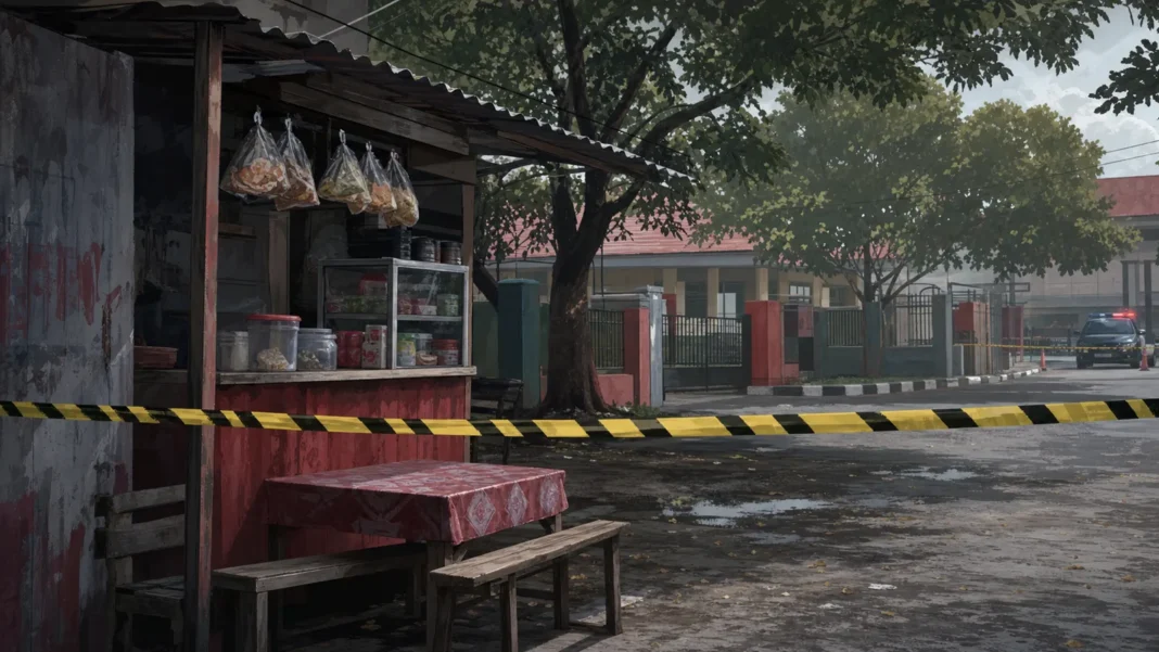 Ilustrasi nonrealis warung depan sekolah di Makassar yang diberi garis polisi, menggambarkan konteks penanganan kasus tanpa menampilkan korban atau pelaku.