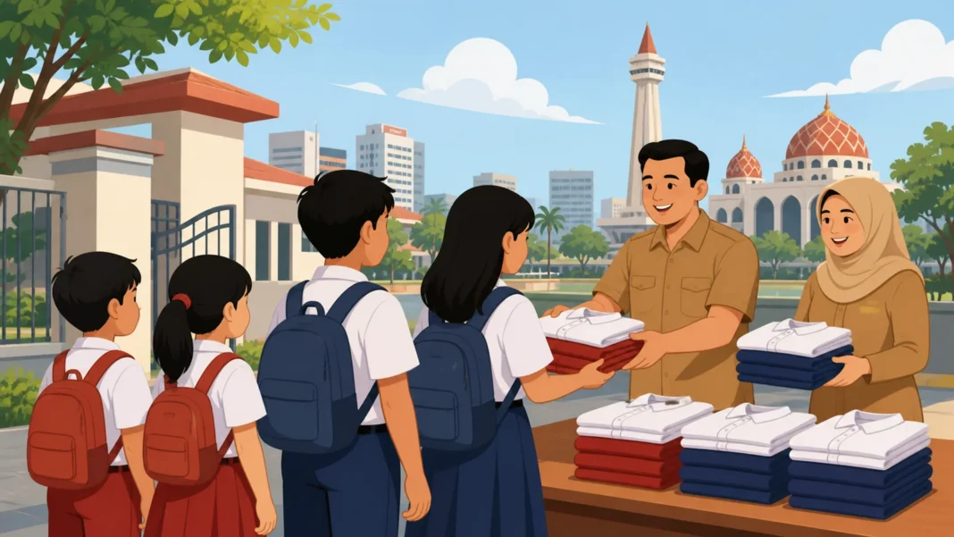 Ilustrasi distribusi seragam gratis siswa baru di Makassar.