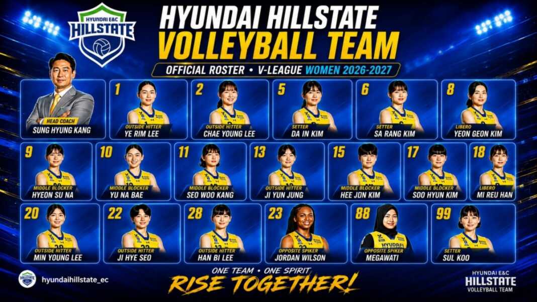 Roster resmi Hyundai Hillstate untuk musim V-League Women 2026-2027 yang menampilkan Megawati Hangestri dan susunan lengkap pemain.